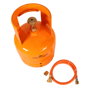 SET Leere orange befüllbare Gasflasche 2 kg Propan Butan Flasche mit Kragen+ Adapter + Umfüllschlauch Propan Butan