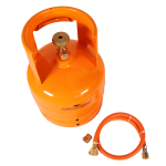 SET Leere orange befüllbare Gasflasche 2 kg Propan Butan Flasche mit Kragen+ Adapter + Umfüllschlauch Propan Butan