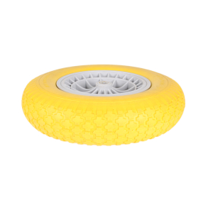 Schubkarrenrad pannensicher 400-8, gelber PU Ring, Kunststoffelge, massive Achse 130 mm mit IG und verz. Befestigungsschrauben, Tragfähigkeit 200kg