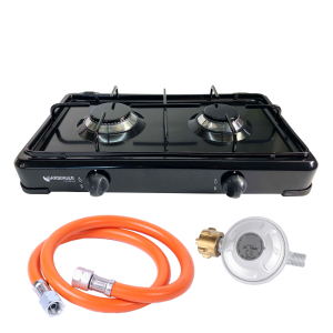 Duo base Campingkocher schwarz zweiflammig im Set mit Schlauch und Regler 30 mbar