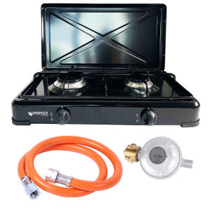 Duo Campingkocher schwarz zweiflammig mit Deckel mit Schlauch und Regler 30mbar