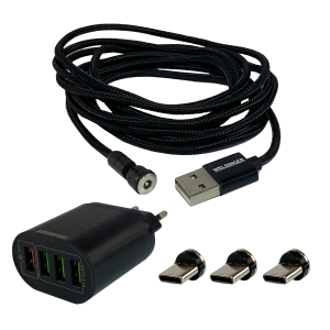 SET 4er Ladegerät3.0 + 2m magnetisches USB- Ladekabel 540° + 3x USB TYP C