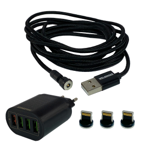 SET 4er Ladegerät3.0 + 2m magnetisches USB- Ladekabel 540° +3x Lightning