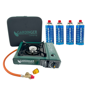 GARDINGER Kartuschenkocher CAMP Allgas mit Koffer Adapterschlauch 4 Kartuschen